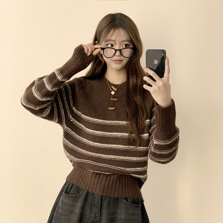 ラウンドデイリーストライプカーディガン BROWN