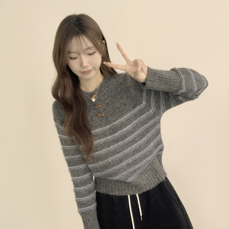 ラウンドデイリーストライプカーディガン GREY