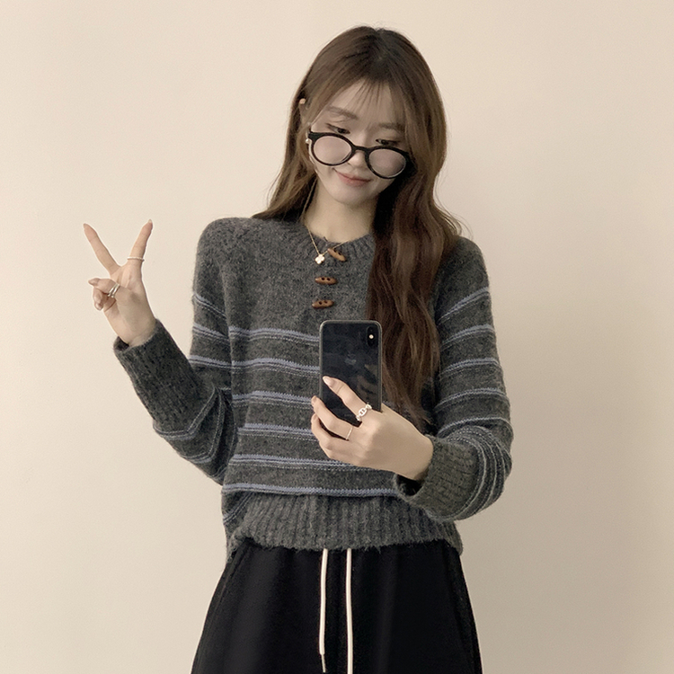 ラウンドデイリーストライプカーディガン GREY