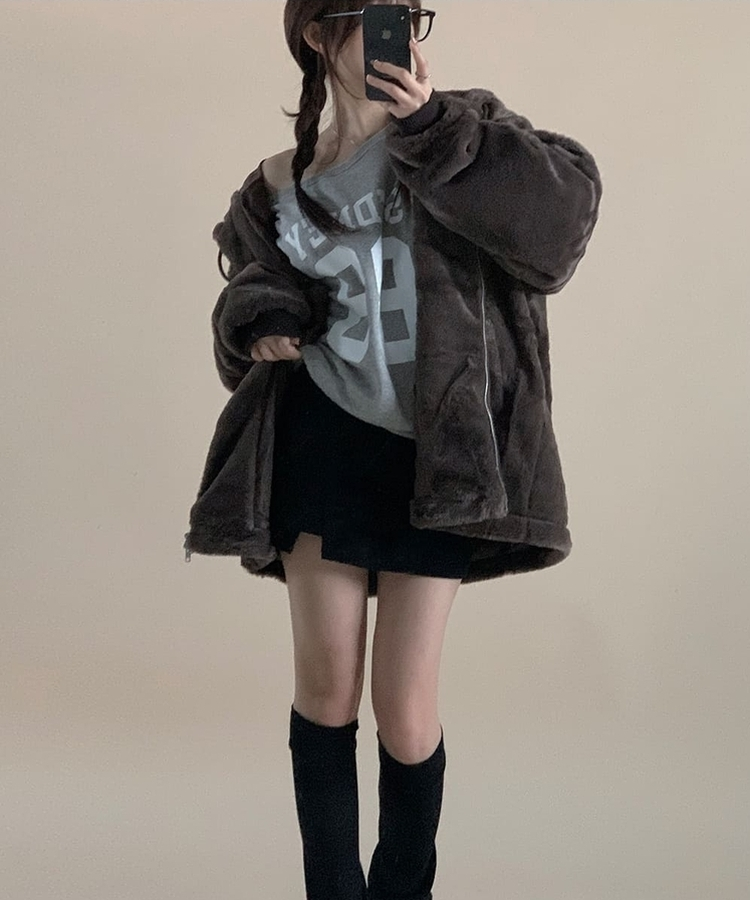 オーバーフィットフードファージャンパー BROWN