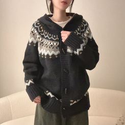 ノルディックフードニットカーディガン NAVY