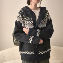 ノルディックフードニットカーディガン NAVY