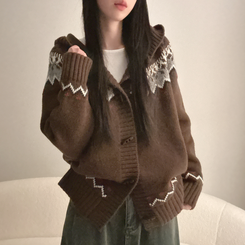 ノルディックフードニットカーディガン BROWN