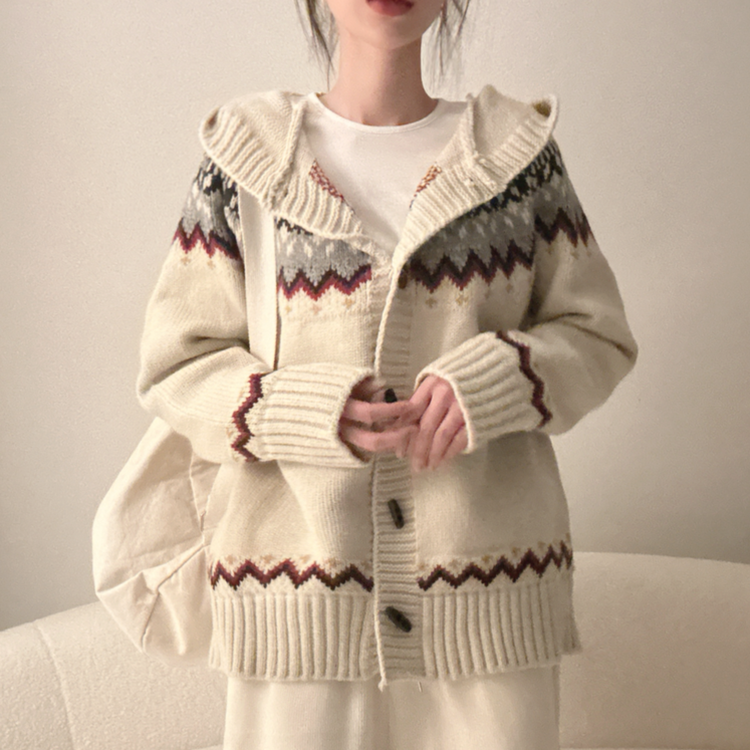 ノルディックフードニットカーディガン IVORY