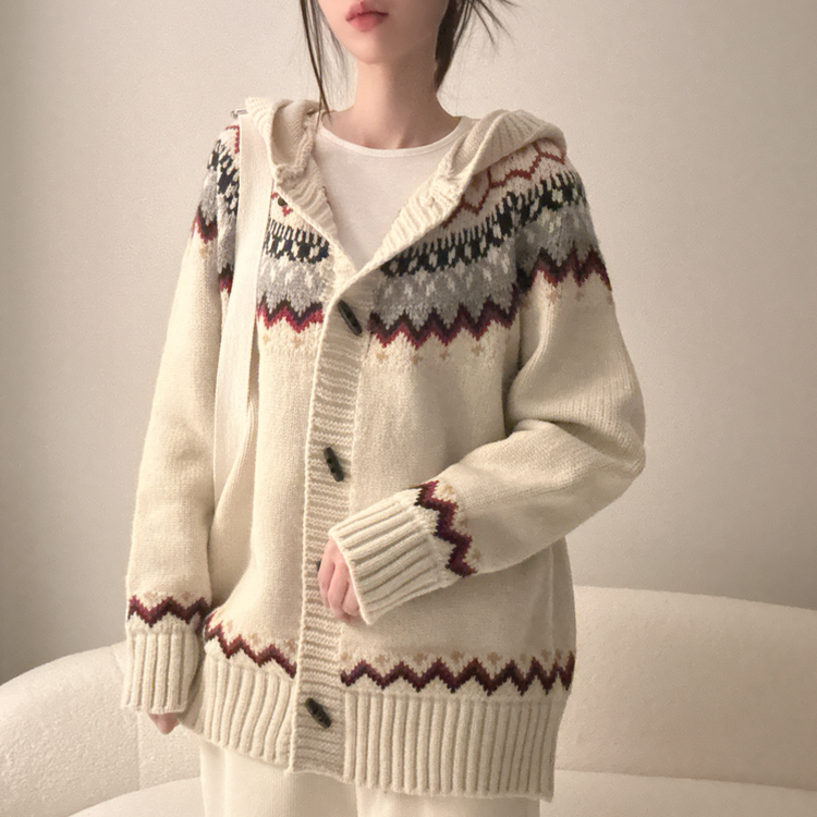 ノルディックフードニットカーディガン IVORY