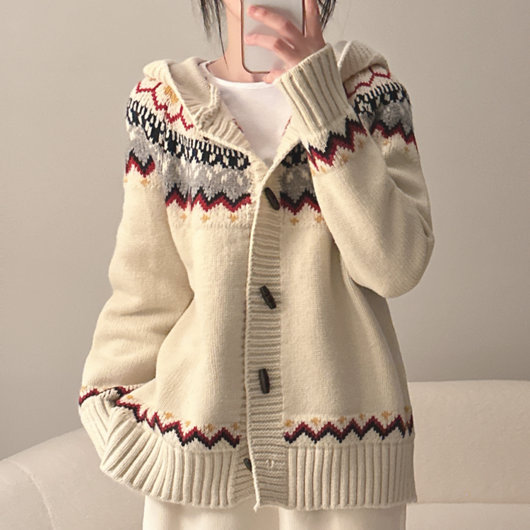 ノルディックフードニットカーディガン IVORY