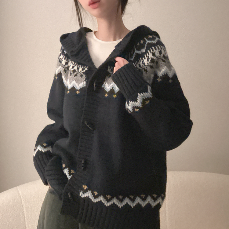 ノルディックフードニットカーディガン NAVY