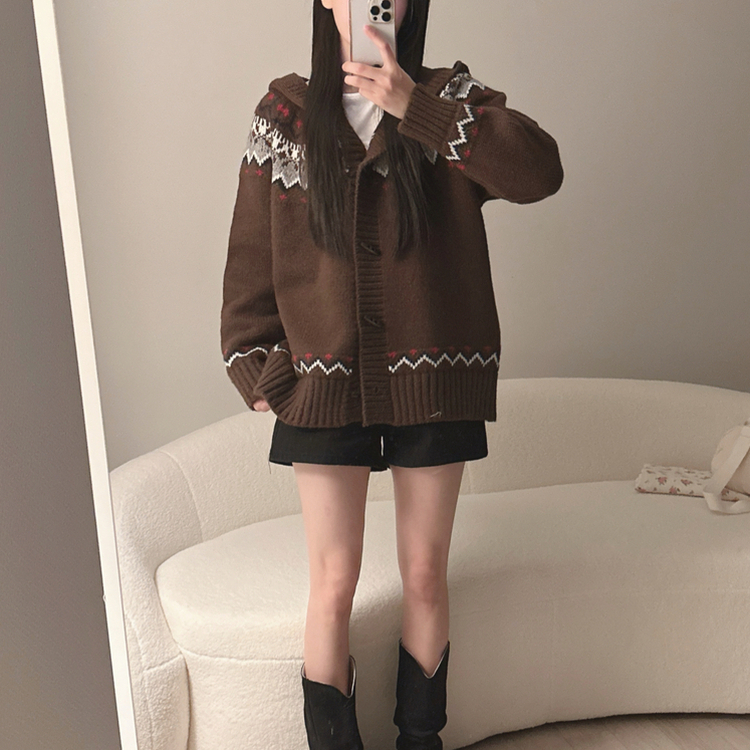 ノルディックフードニットカーディガン BROWN