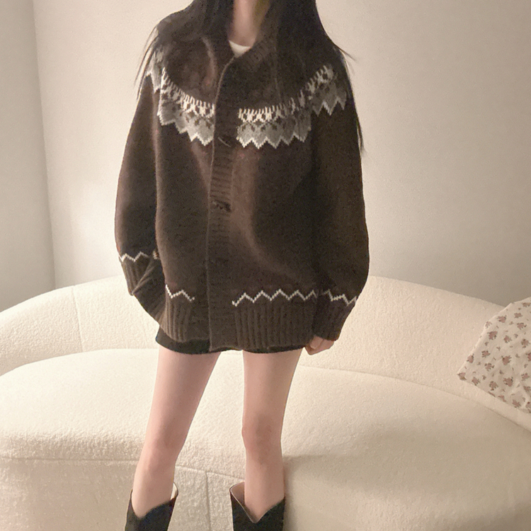 ノルディックフードニットカーディガン BROWN