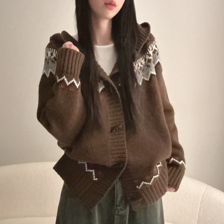 ノルディックフードニットカーディガン BROWN