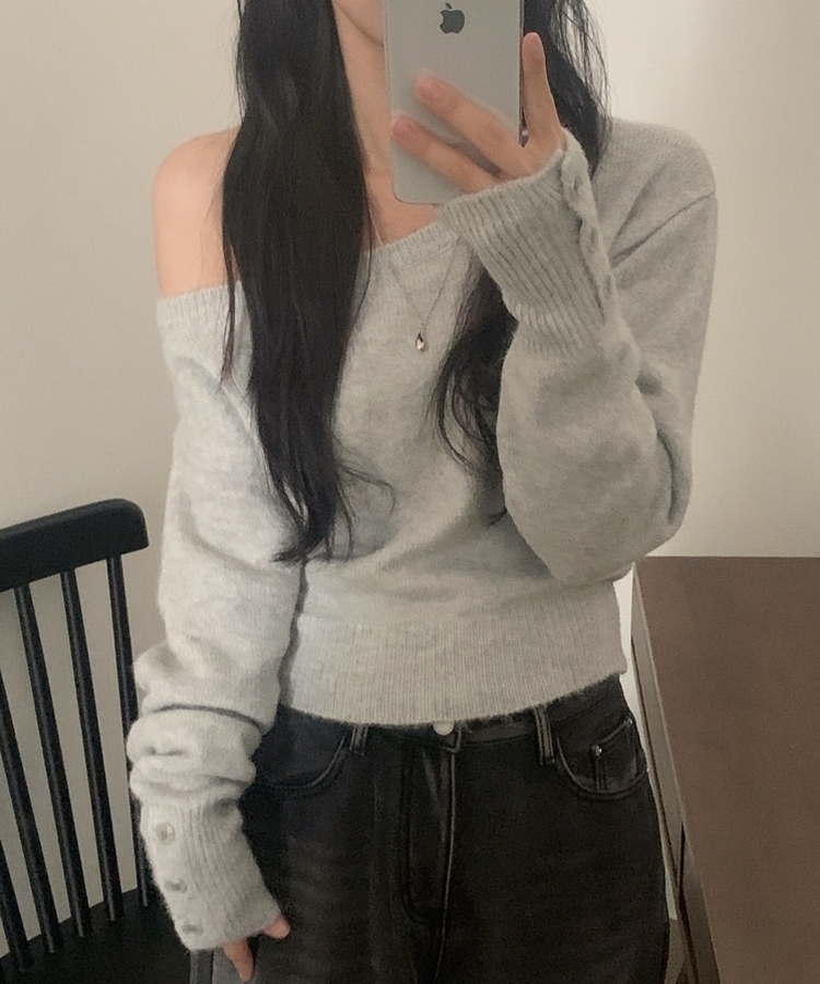 배론 버튼 포인트 원숄더 울 보카시 오프숄더 긴팔니트 그레이