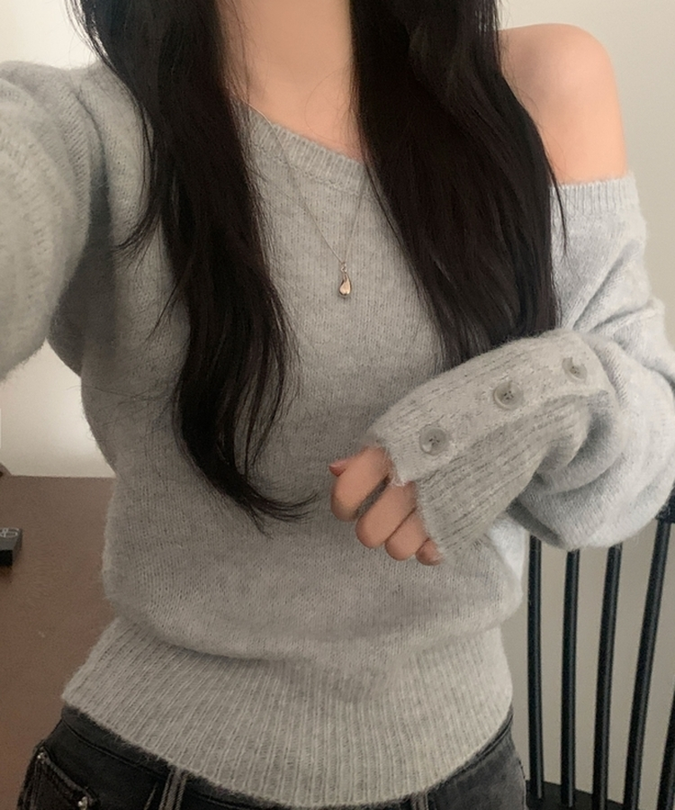 배론 버튼 포인트 원숄더 울 보카시 오프숄더 긴팔니트 그레이