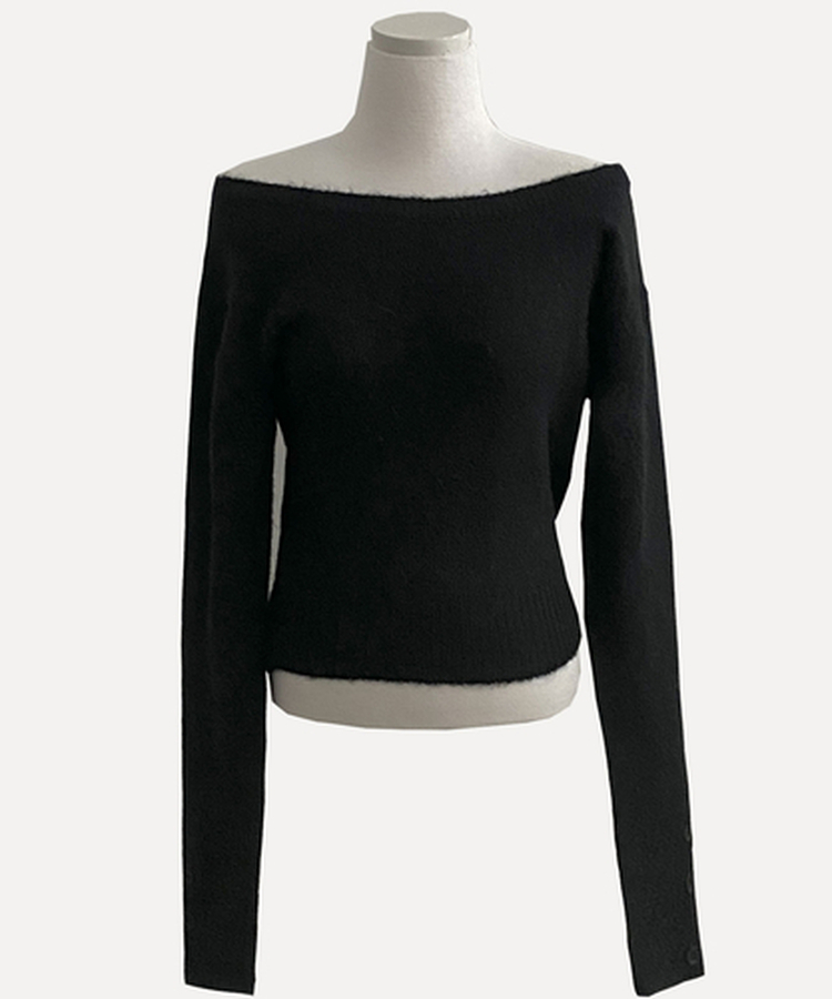 배론 버튼 포인트 원숄더 울 보카시 오프숄더 긴팔니트