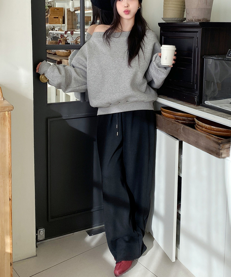 【起毛】サイドスリットバンディングパンツ BLACK