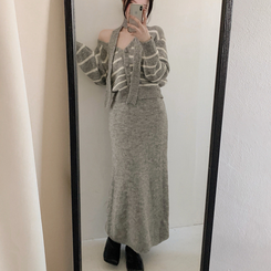 【SET マフラー付き】ストライプニットカーディガン ニットロングスカート GREY