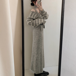 【SET マフラー付き】ストライプニットカーディガン ニットロングスカート GREY