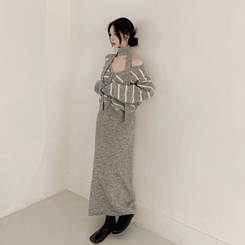 【SET マフラー付き】ストライプニットカーディガン ニットロングスカート GREY