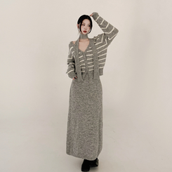 【SET マフラー付き】ストライプニットカーディガン ニットロングスカート GREY