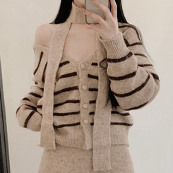 【SET マフラー付き】ストライプニットカーディガン ニットロングスカート BEIGE