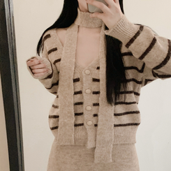 【SET マフラー付き】ストライプニットカーディガン ニットロングスカート BEIGE