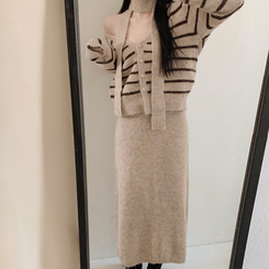 【SET マフラー付き】ストライプニットカーディガン ニットロングスカート BEIGE