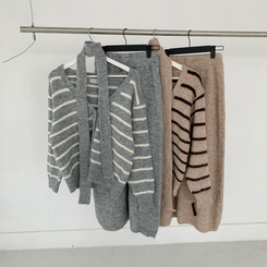 【SET マフラー付き】ストライプニットカーディガン ニットロングスカート