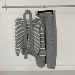 【SET マフラー付き】ストライプニットカーディガン ニットロングスカート