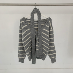 【SET マフラー付き】ストライプニットカーディガン ニットロングスカート