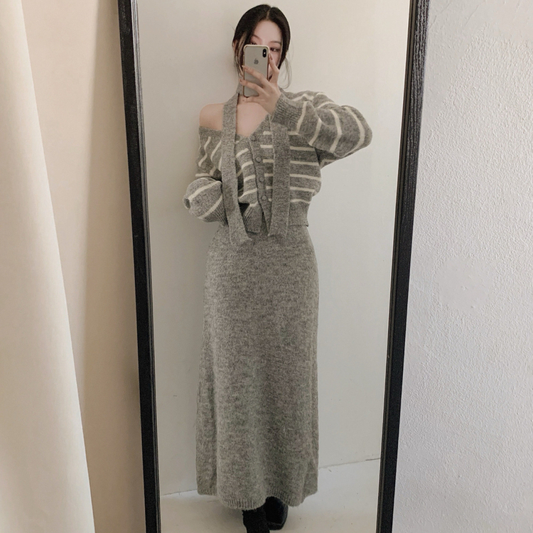 【SET マフラー付き】ストライプニットカーディガン ニットロングスカート GREY