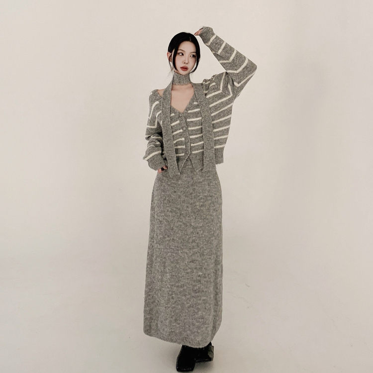 【SET マフラー付き】ストライプニットカーディガン ニットロングスカート GREY