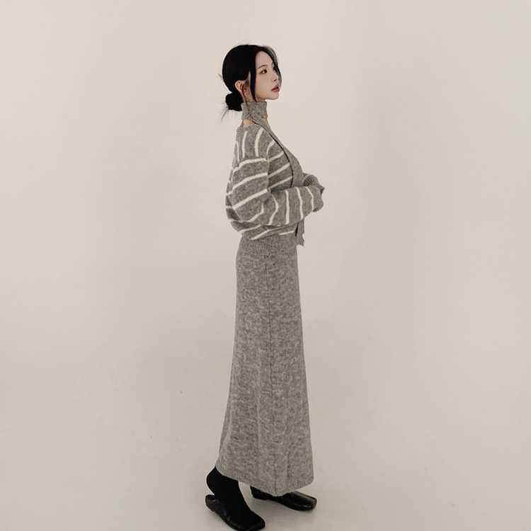 【SET マフラー付き】ストライプニットカーディガン ニットロングスカート GREY