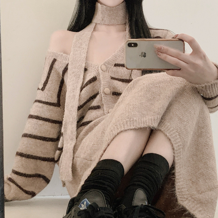 【SET マフラー付き】ストライプニットカーディガン ニットロングスカート BEIGE