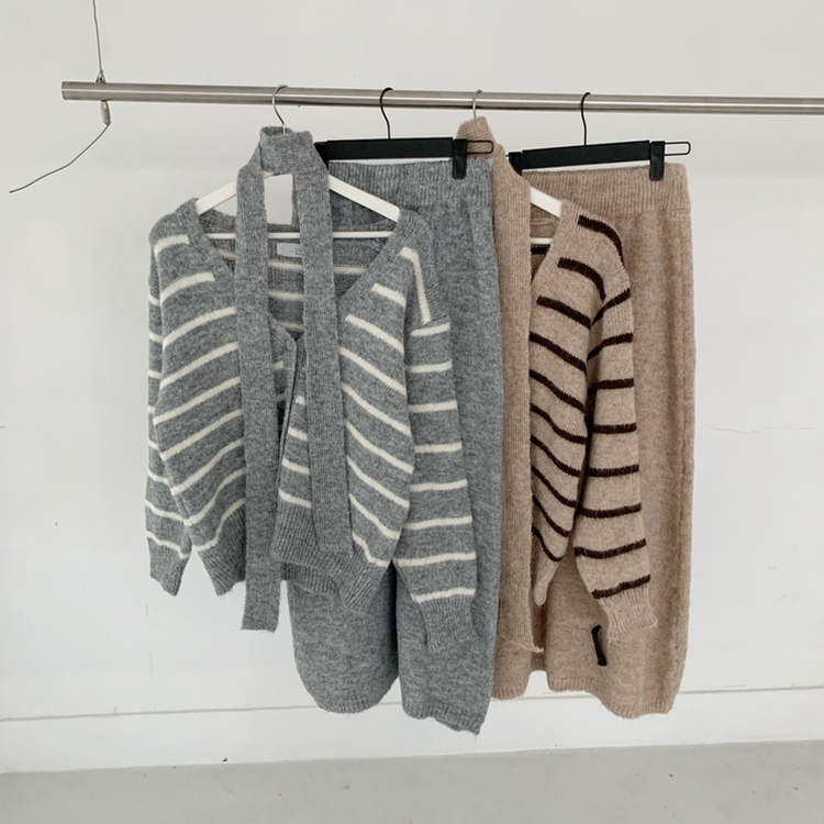 【SET マフラー付き】ストライプニットカーディガン ニットロングスカート