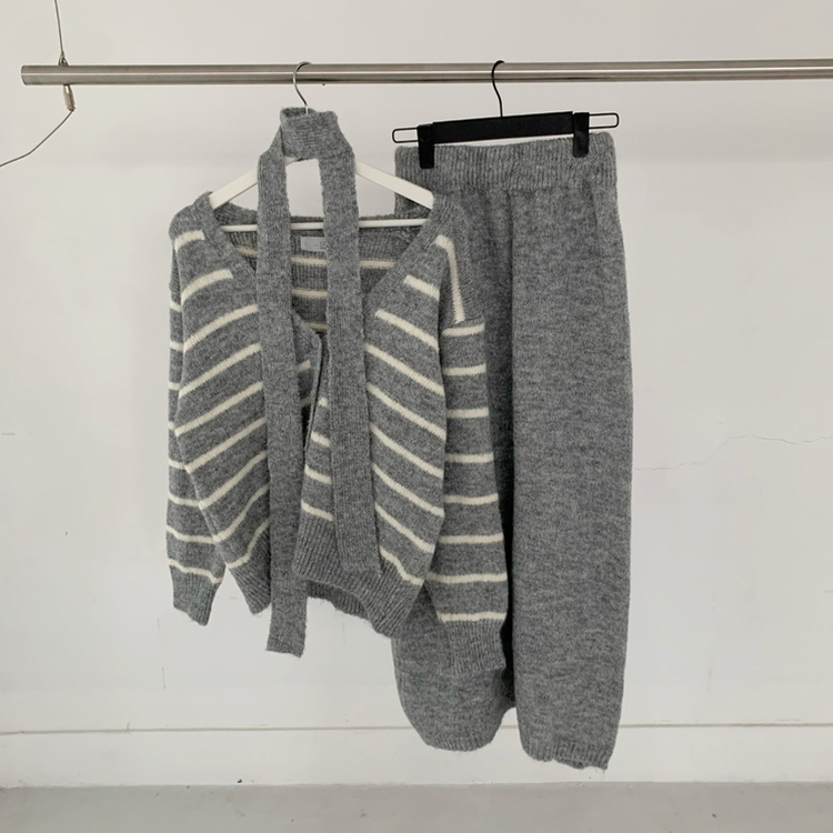 【SET マフラー付き】ストライプニットカーディガン ニットロングスカート
