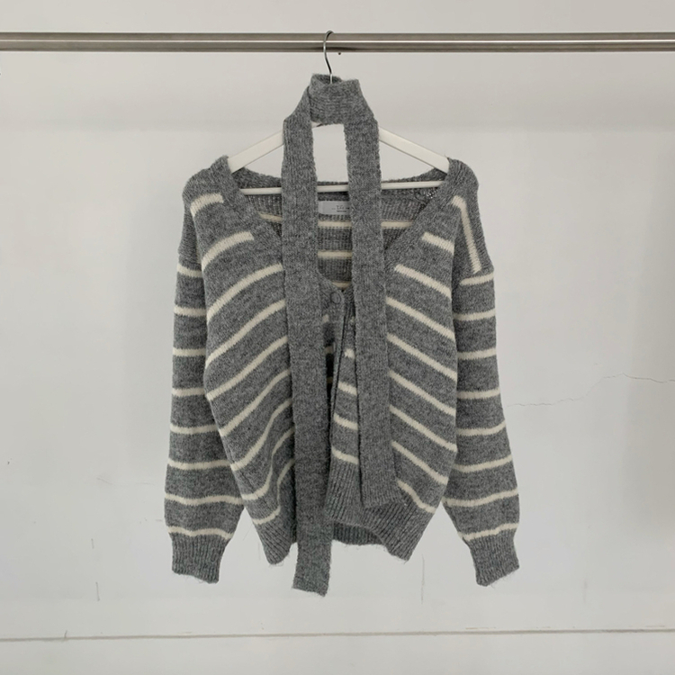 【SET マフラー付き】ストライプニットカーディガン ニットロングスカート