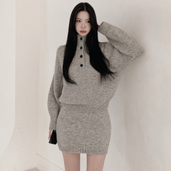 【SET】プチハイネックボタンニット ミニスカート LIGHT GRAY