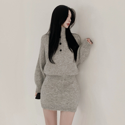 【SET】プチハイネックボタンニット ミニスカート LIGHT GRAY