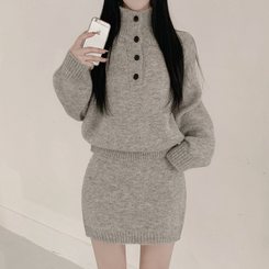 【SET】プチハイネックボタンニット ミニスカート LIGHT GRAY