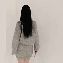 【SET】プチハイネックボタンニット ミニスカート LIGHT GRAY