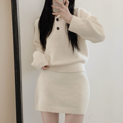【SET】プチハイネックボタンニット ミニスカート IVORY
