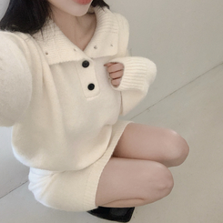 【SET】プチハイネックボタンニット ミニスカート IVORY
