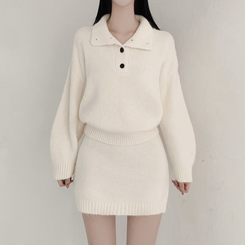 【SET】プチハイネックボタンニット ミニスカート IVORY