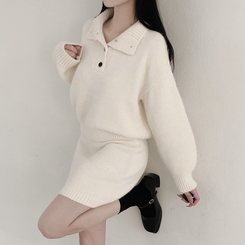 【SET】プチハイネックボタンニット ミニスカート IVORY