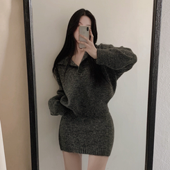 【SET】プチハイネックボタンニット ミニスカート CHARCOAL