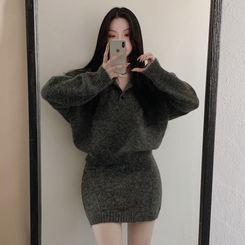 【SET】プチハイネックボタンニット ミニスカート CHARCOAL