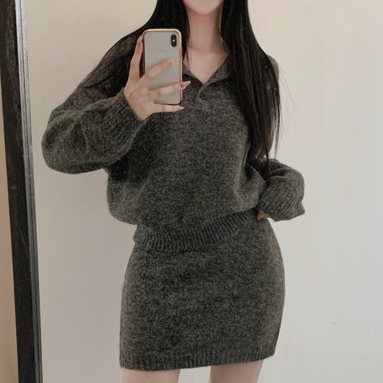 【SET】プチハイネックボタンニット ミニスカート CHARCOAL