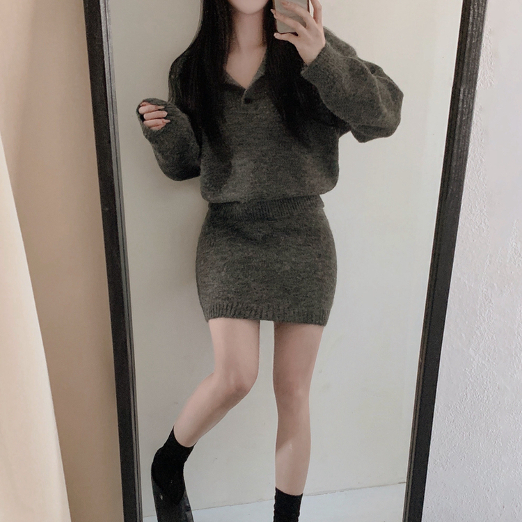 【SET】プチハイネックボタンニット ミニスカート CHARCOAL
