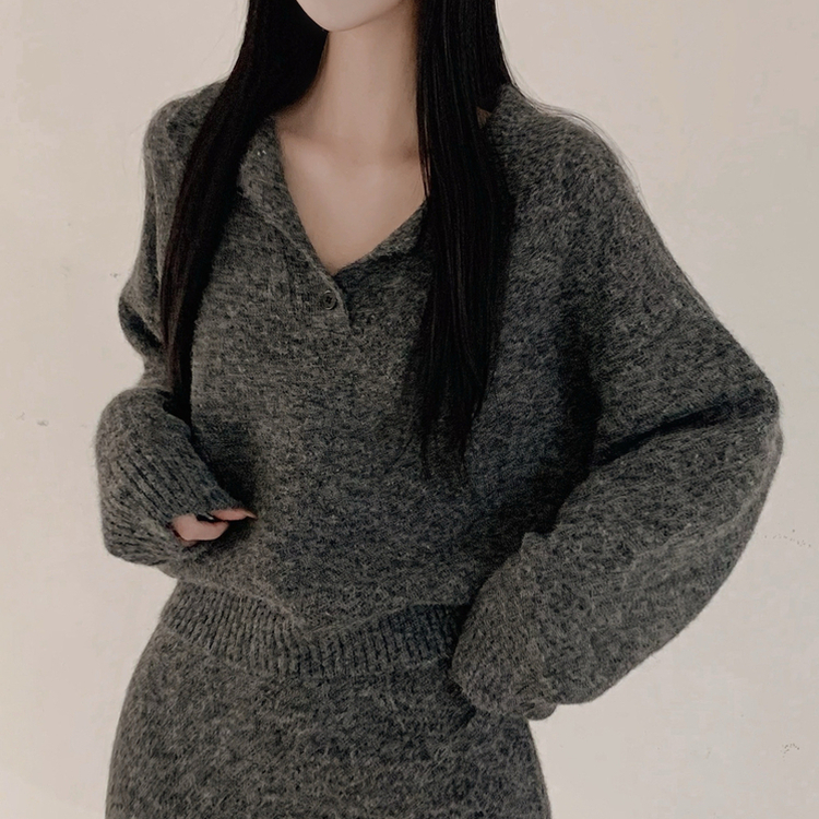 【SET】プチハイネックボタンニット ミニスカート CHARCOAL