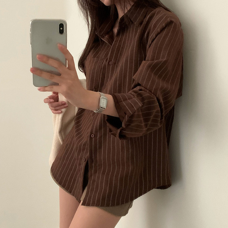 ツートンストライプスエードシャツ BROWN