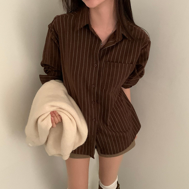 ツートンストライプスエードシャツ BROWN